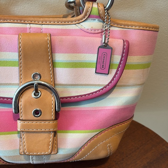 Coach Hampton striped mini bag  Vintage canvas pink green/2 color leather handle - Picture 2 of 15